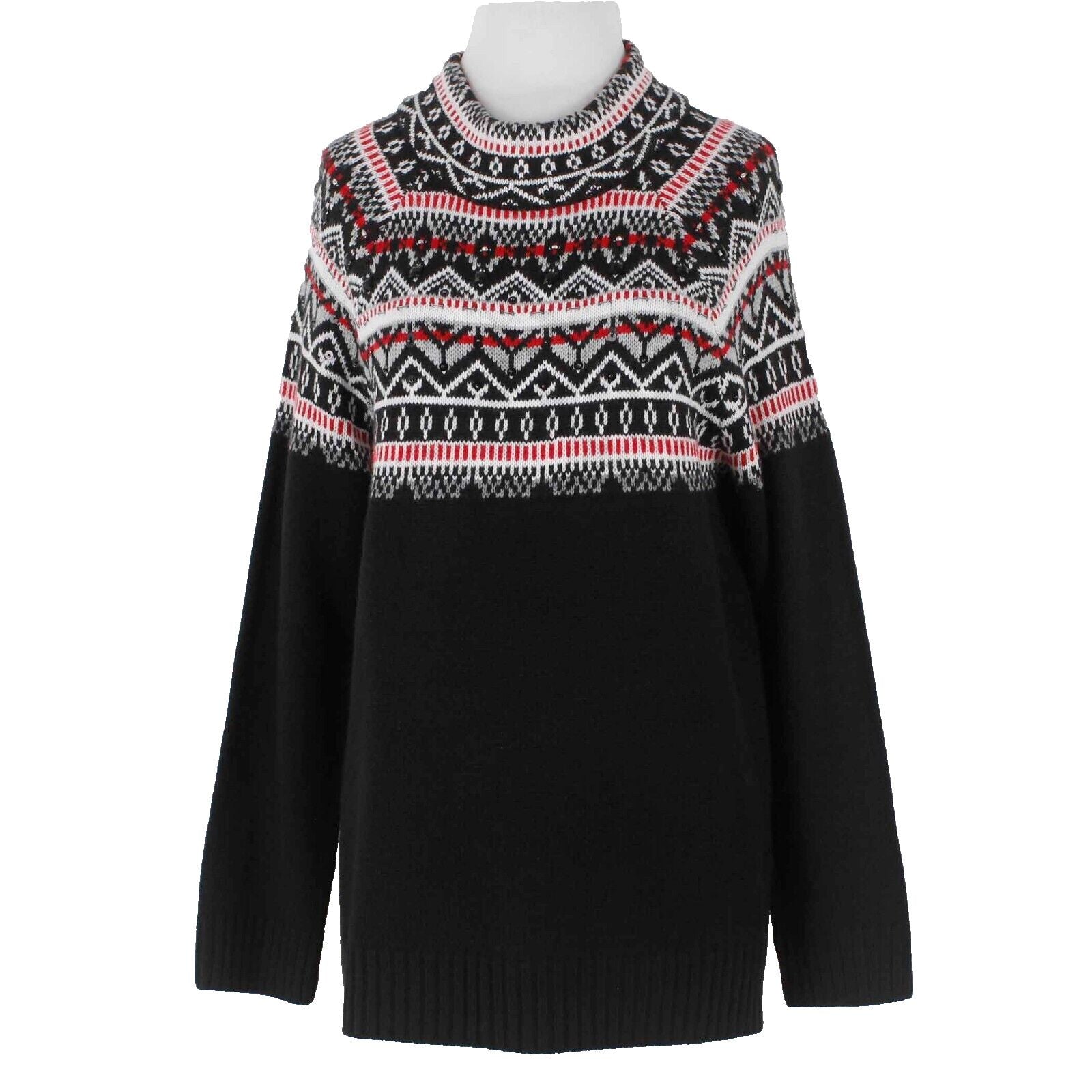 New York And Company Sz M Black Red White Beaded Nordic 100% Acrylic Sweater