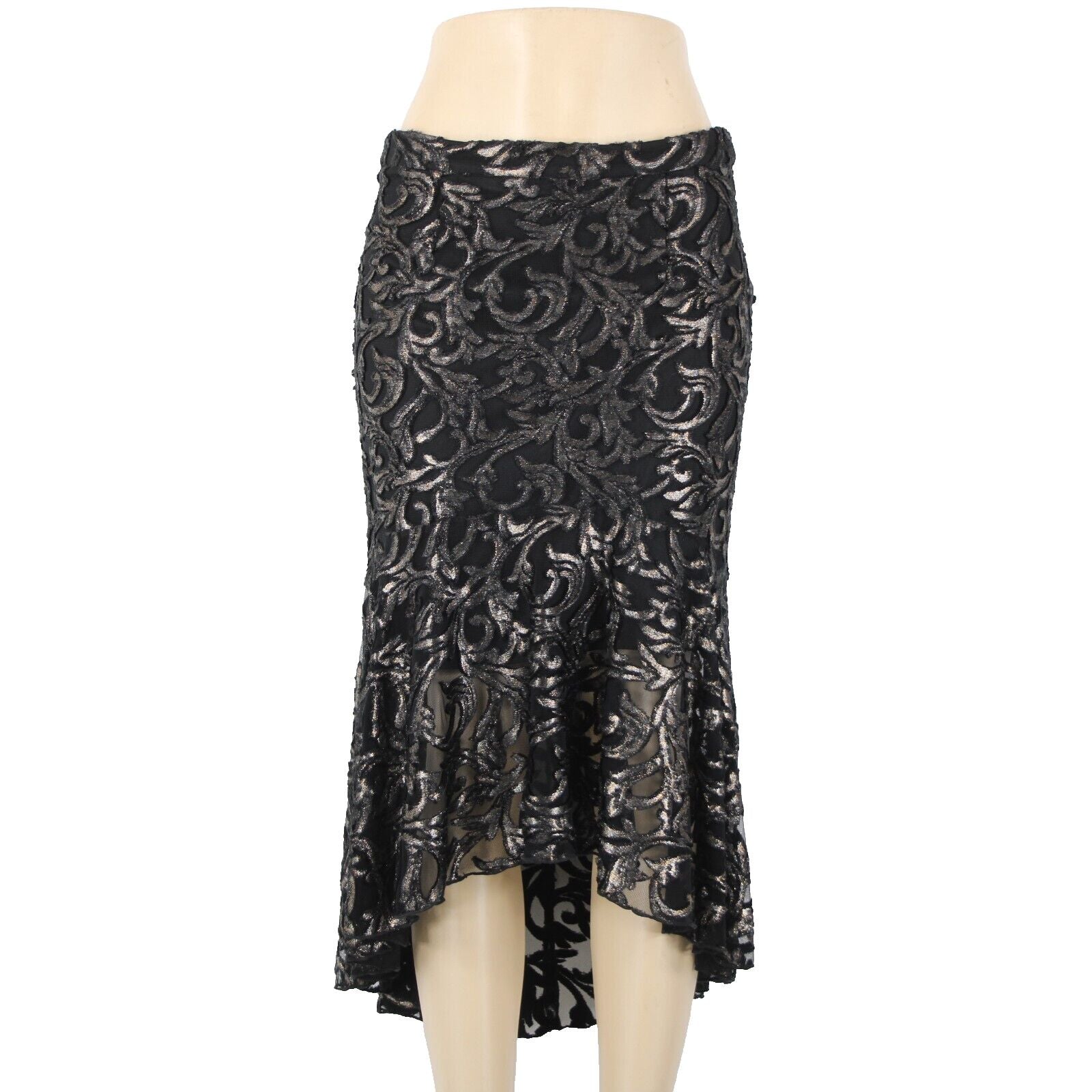Lyman Frank Lyman Sz 6 Black Metallic Lined Zip Asymmetrical Ruffle Hi Lo Skirt