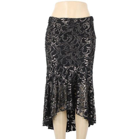 Lyman Frank Lyman Sz 6 Black Metallic Lined Zip Asymmetrical Ruffle Hi Lo Skirt