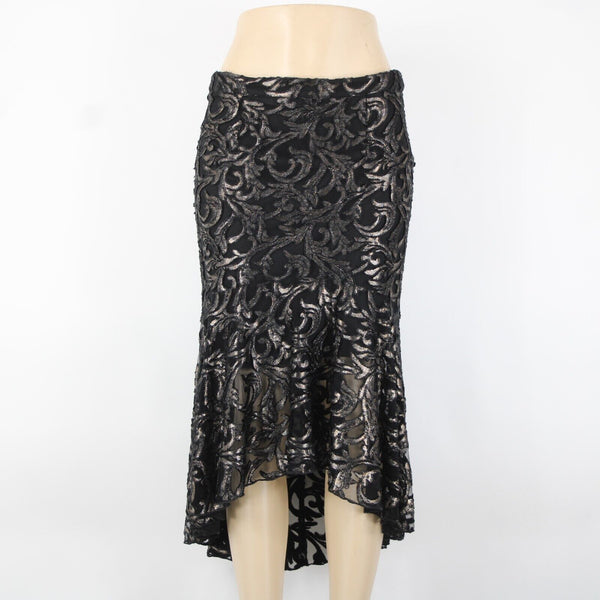 Lyman Frank Lyman Sz 6 Black Metallic Lined Zip Asymmetrical Ruffle Hi Lo Skirt