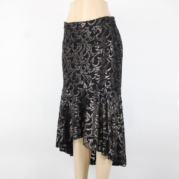 Lyman Frank Lyman Sz 6 Black Metallic Lined Zip Asymmetrical Ruffle Hi Lo Skirt