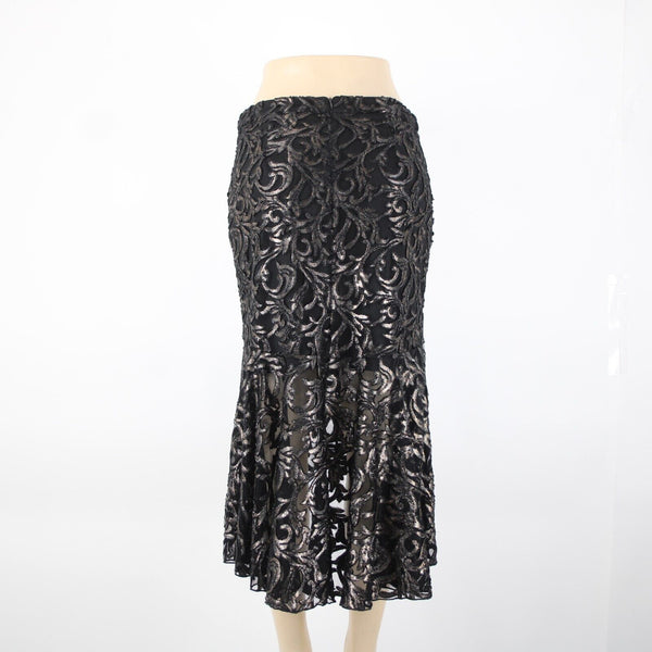 Lyman Frank Lyman Sz 6 Black Metallic Lined Zip Asymmetrical Ruffle Hi Lo Skirt