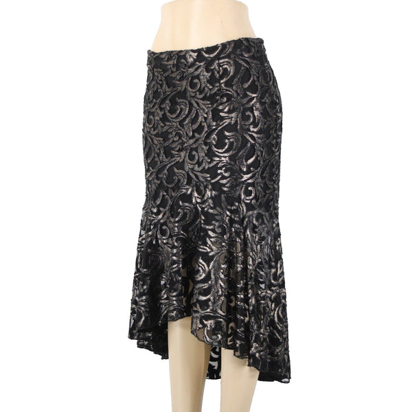 Lyman Frank Lyman Sz 6 Black Metallic Lined Zip Asymmetrical Ruffle Hi Lo Skirt