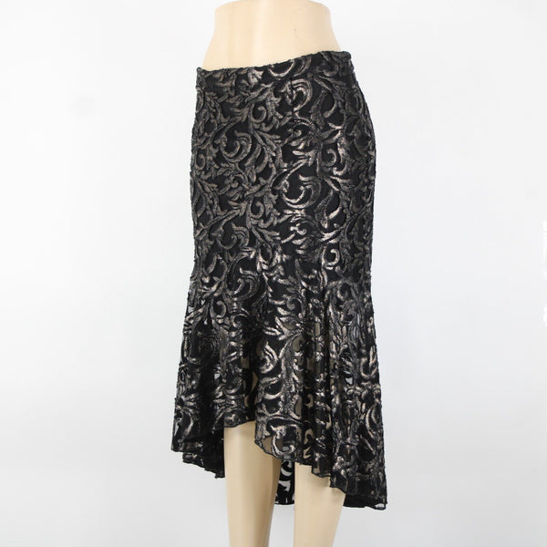 Lyman Frank Lyman Sz 6 Black Metallic Lined Zip Asymmetrical Ruffle Hi Lo Skirt