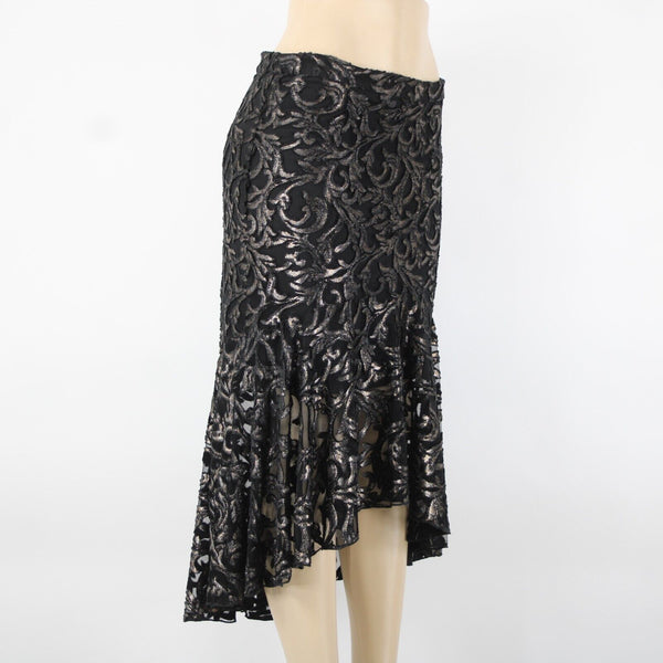 Lyman Frank Lyman Sz 6 Black Metallic Lined Zip Asymmetrical Ruffle Hi Lo Skirt