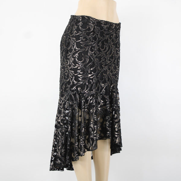 Lyman Frank Lyman Sz 6 Black Metallic Lined Zip Asymmetrical Ruffle Hi Lo Skirt