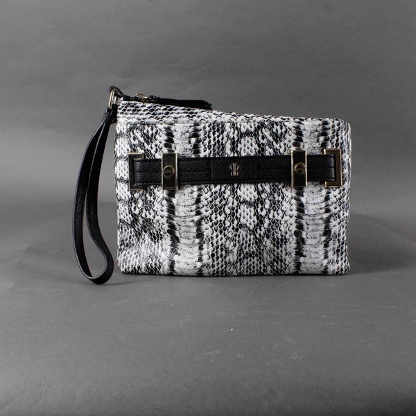 JLo 7 x 9 x 1 Black White Gray Zip Top Goldtone Hardware Manmade Wristlet