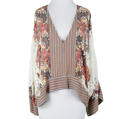 Free People NEW $108 Sz S P Orange Brown Multi V Neck Kimono Viscose Woven Top
