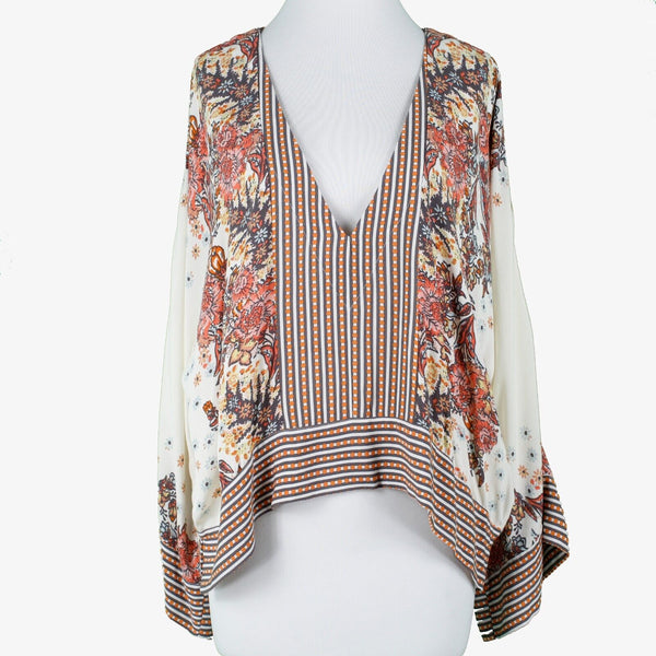 Free People NEW $108 Sz S P Orange Brown Multi V Neck Kimono Viscose Woven Top