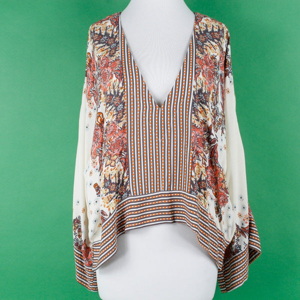 Free People NEW $108 Sz S P Orange Brown Multi V Neck Kimono Viscose Woven Top