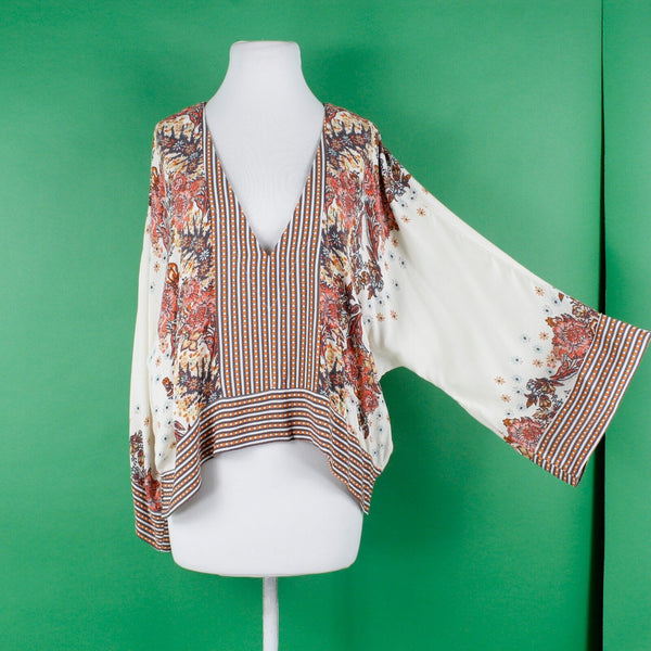 Free People NEW $108 Sz S P Orange Brown Multi V Neck Kimono Viscose Woven Top