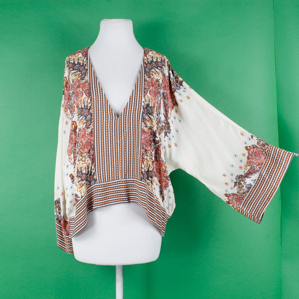 Free People NEW $108 Sz S P Orange Brown Multi V Neck Kimono Viscose Woven Top