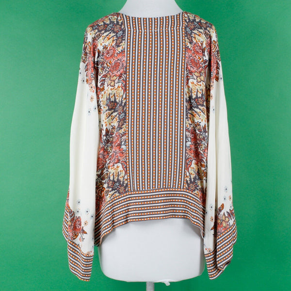 Free People NEW $108 Sz S P Orange Brown Multi V Neck Kimono Viscose Woven Top
