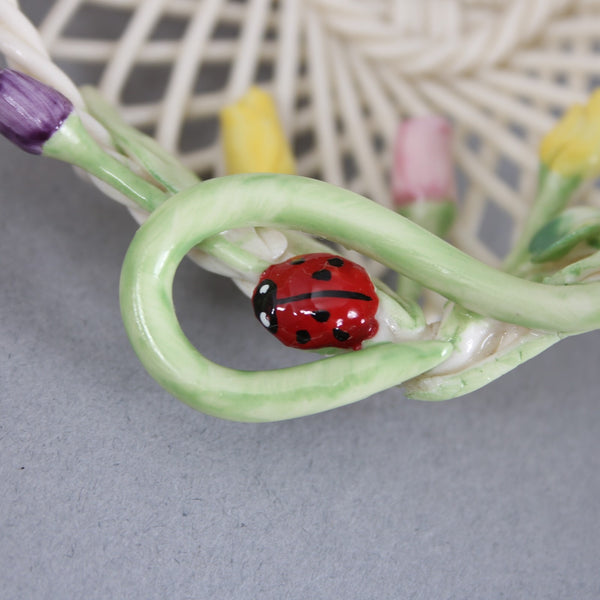 Belleek Trinket Basket Cream Porcelain Multi Color Floral Lady Bug 6 x 4 Basket