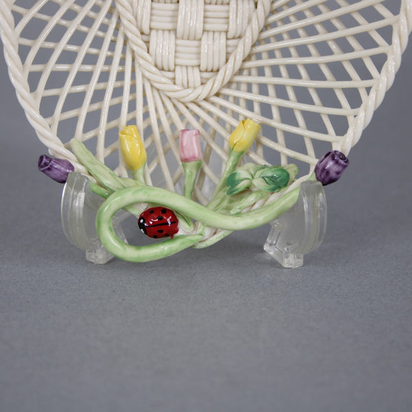 Belleek Trinket Basket Cream Porcelain Multi Color Floral Lady Bug 6 x 4 Basket