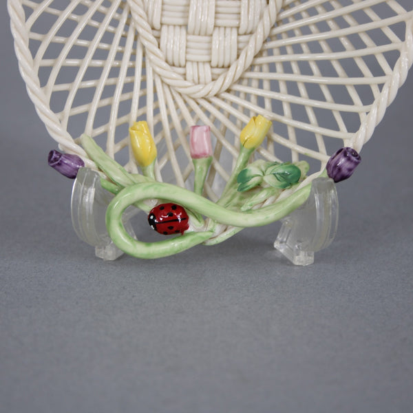 Belleek Trinket Basket Cream Porcelain Multi Color Floral Lady Bug 6 x 4 Basket