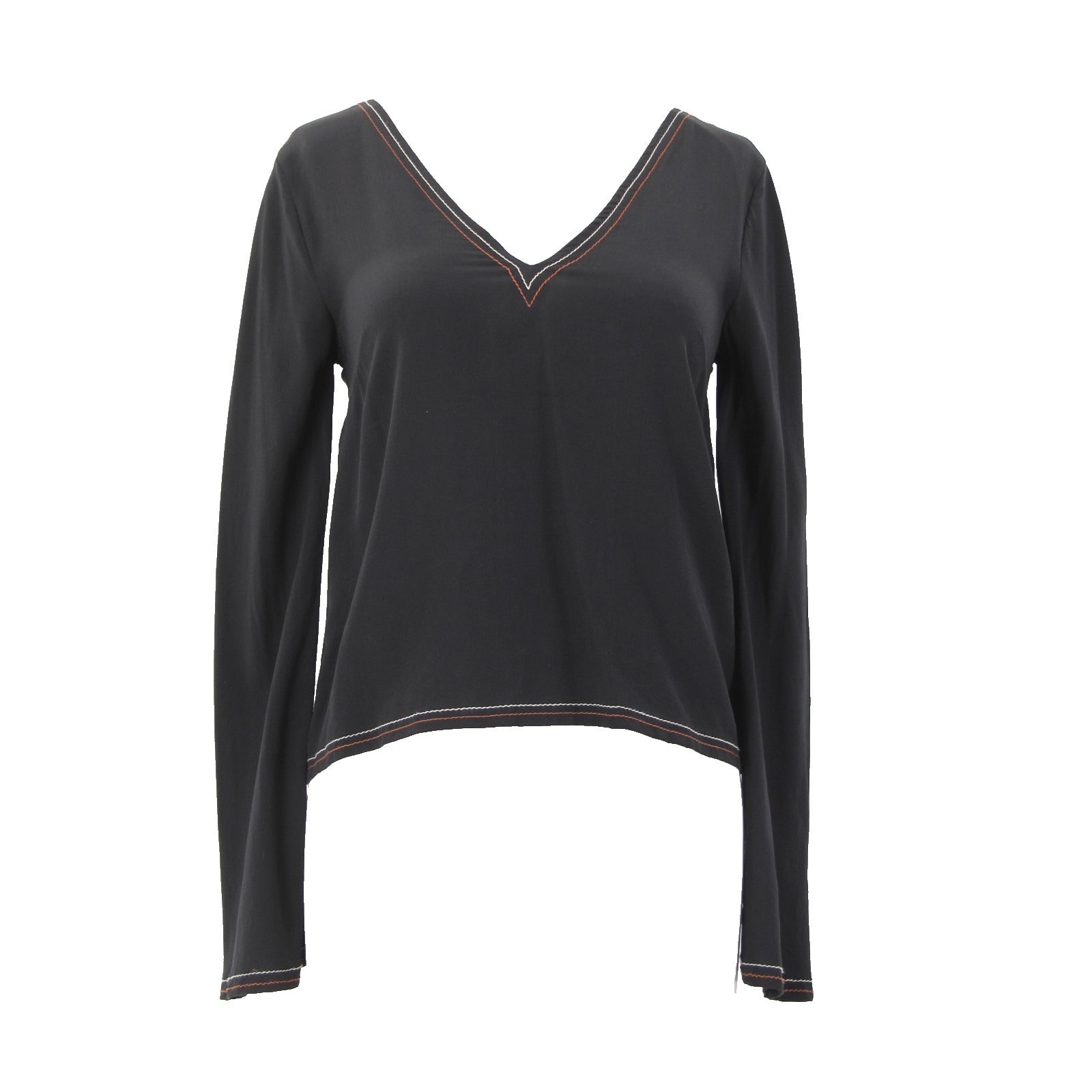 Madewell Top Sz XXS Black Cream Rust Stitching Crop Open Back 100% Silk Top