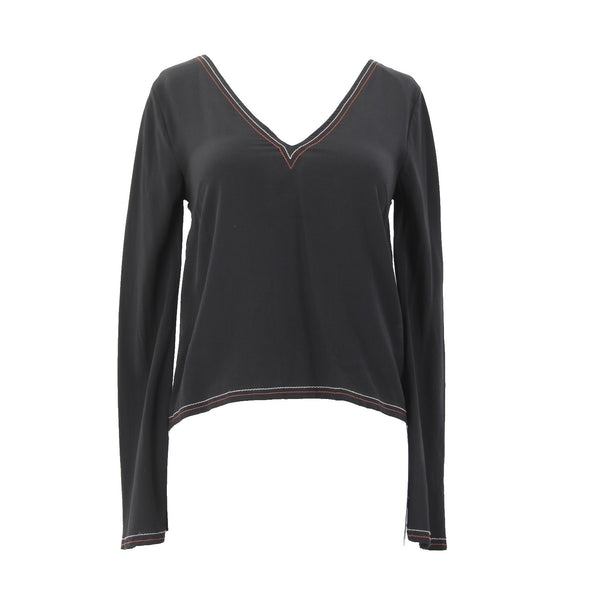 Madewell Top Sz XXS Black Cream Rust Stitching Crop Open Back 100% Silk Top