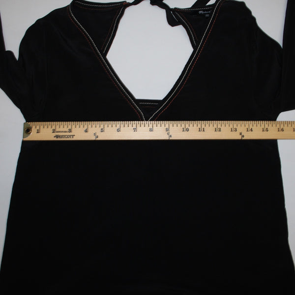 Madewell Top Sz XXS Black Cream Rust Stitching Crop Open Back 100% Silk Top