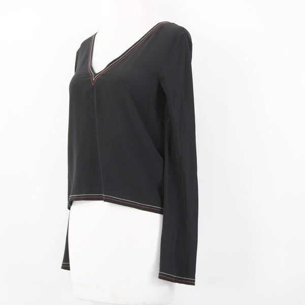 Madewell Top Sz XXS Black Cream Rust Stitching Crop Open Back 100% Silk Top