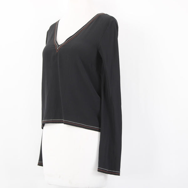 Madewell Top Sz XXS Black Cream Rust Stitching Crop Open Back 100% Silk Top