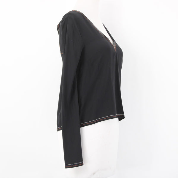 Madewell Top Sz XXS Black Cream Rust Stitching Crop Open Back 100% Silk Top