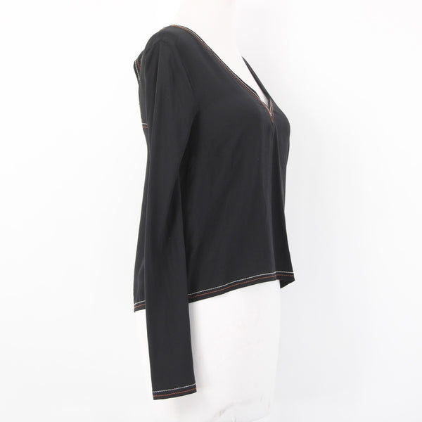 Madewell Top Sz XXS Black Cream Rust Stitching Crop Open Back 100% Silk Top