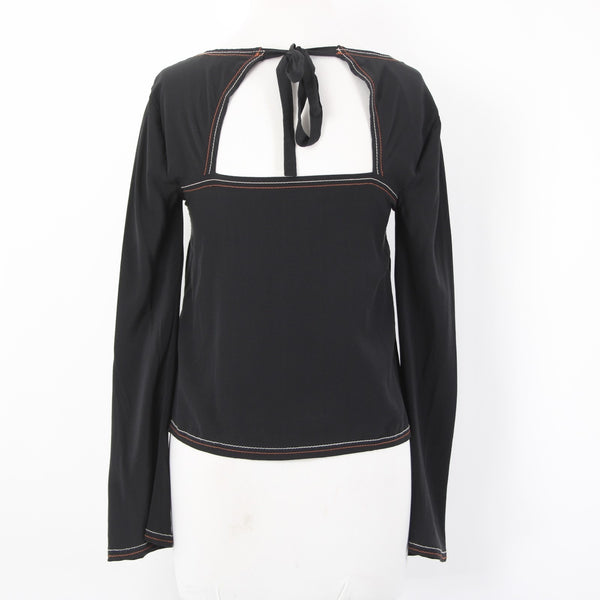 Madewell Top Sz XXS Black Cream Rust Stitching Crop Open Back 100% Silk Top