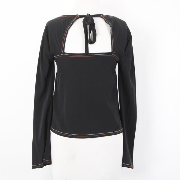 Madewell Top Sz XXS Black Cream Rust Stitching Crop Open Back 100% Silk Top