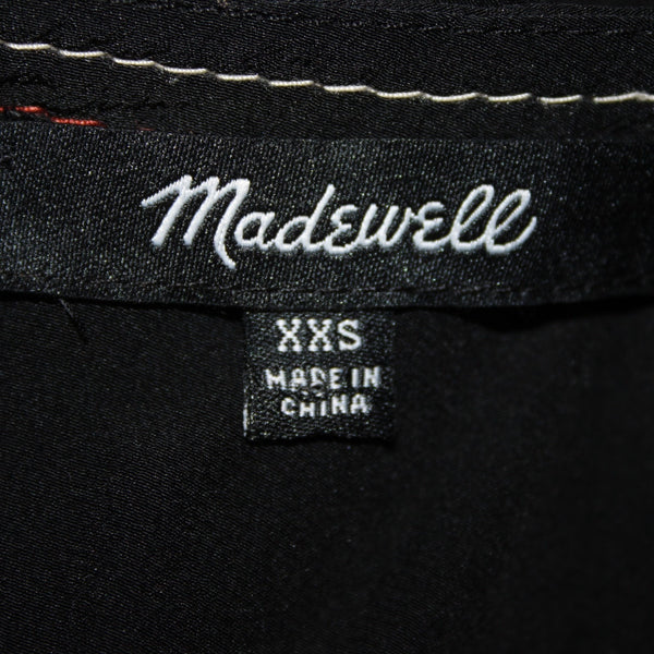 Madewell Top Sz XXS Black Cream Rust Stitching Crop Open Back 100% Silk Top