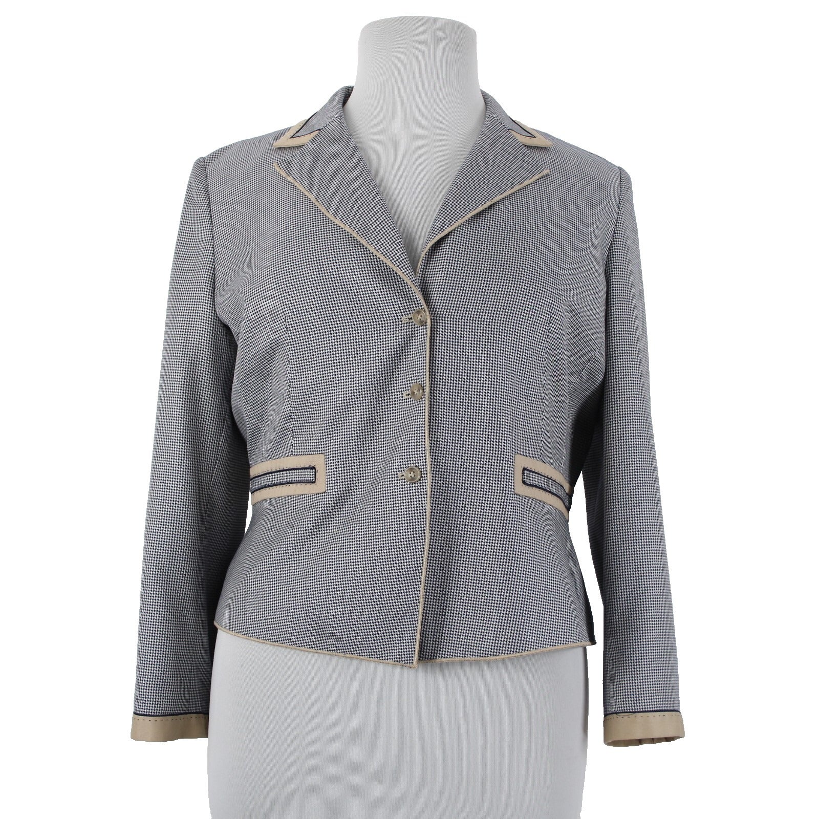 Carlisle Sz 16 Navy Blue White Brown Faux Pockets Lined Silk Wool Cotton Jacket