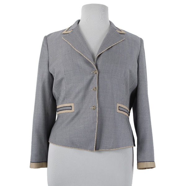 Carlisle Sz 16 Navy Blue White Brown Faux Pockets Lined Silk Wool Cotton Jacket