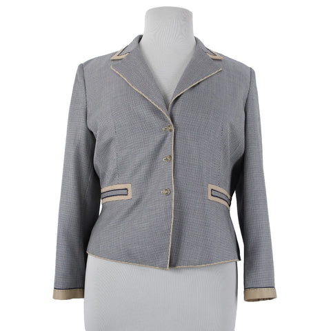 Carlisle Sz 16 Navy Blue White Brown Faux Pockets Lined Silk Wool Cotton Jacket