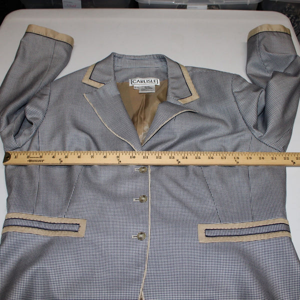 Carlisle Sz 16 Navy Blue White Brown Faux Pockets Lined Silk Wool Cotton Jacket