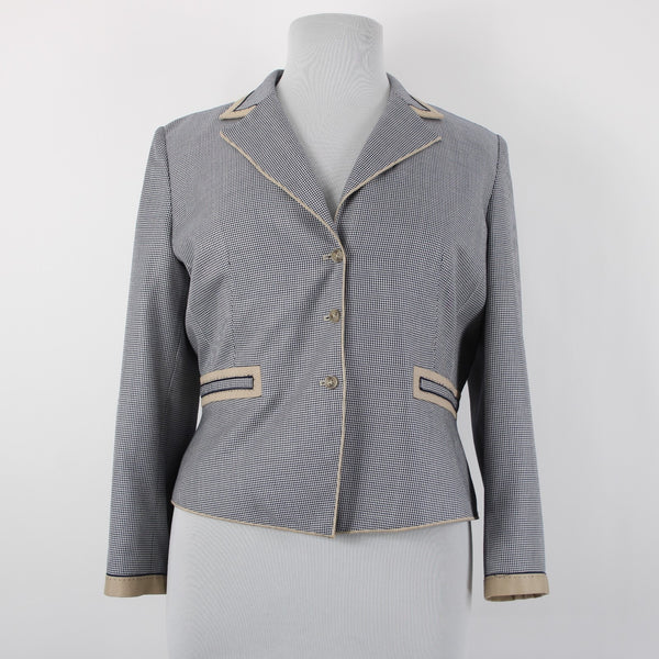 Carlisle Sz 16 Navy Blue White Brown Faux Pockets Lined Silk Wool Cotton Jacket