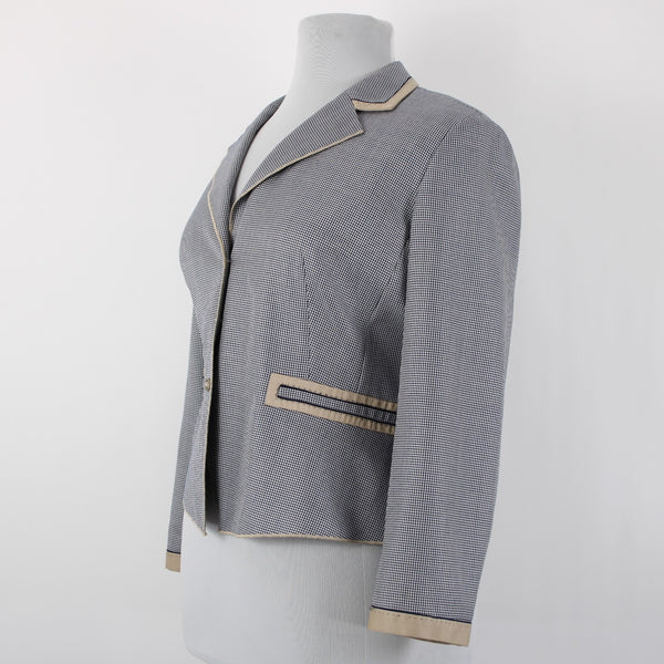 Carlisle Sz 16 Navy Blue White Brown Faux Pockets Lined Silk Wool Cotton Jacket