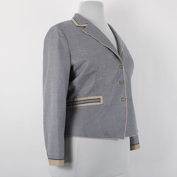 Carlisle Sz 16 Navy Blue White Brown Faux Pockets Lined Silk Wool Cotton Jacket