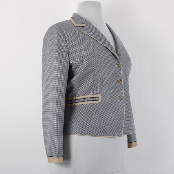 Carlisle Sz 16 Navy Blue White Brown Faux Pockets Lined Silk Wool Cotton Jacket