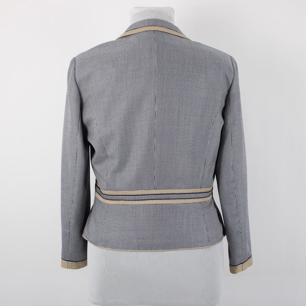 Carlisle Sz 16 Navy Blue White Brown Faux Pockets Lined Silk Wool Cotton Jacket