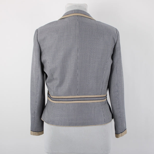 Carlisle Sz 16 Navy Blue White Brown Faux Pockets Lined Silk Wool Cotton Jacket