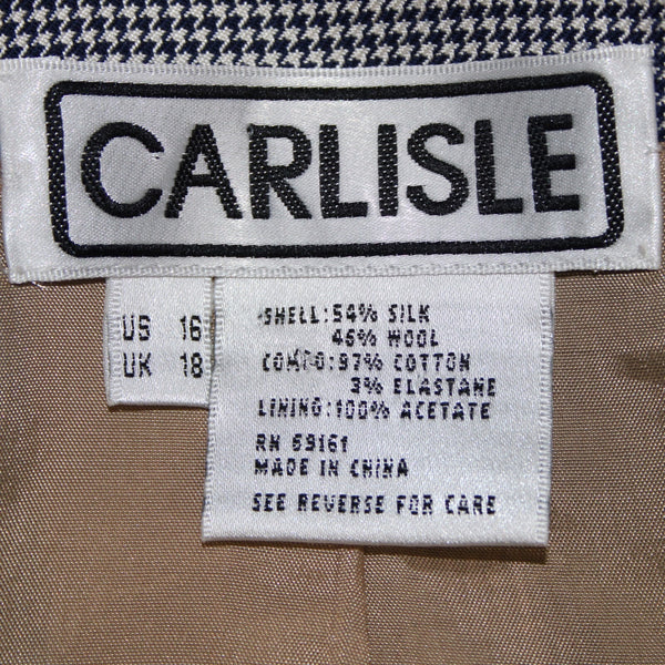 Carlisle Sz 16 Navy Blue White Brown Faux Pockets Lined Silk Wool Cotton Jacket