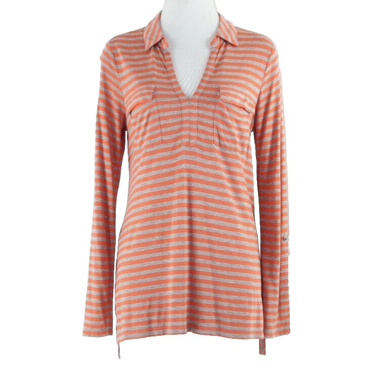 Liz Claiborne Sz S Gray Orange Stripe Hi Lo Tab Sleeve 100% Rayon Knit Top