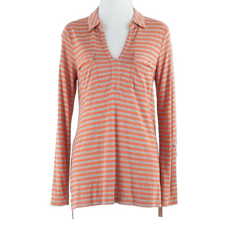 Liz Claiborne Sz S Gray Orange Stripe Hi Lo Tab Sleeve 100% Rayon Knit Top