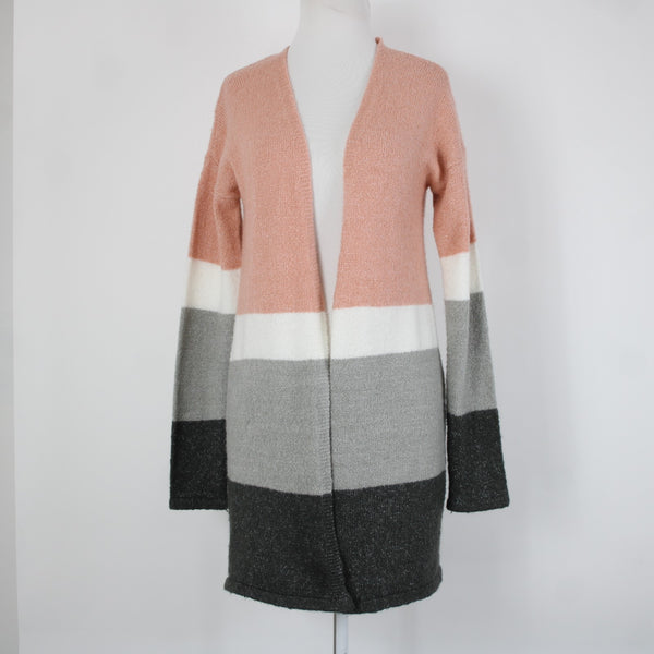 Love By Design Sz M Pink White Gray Knit Acrylic Polyester Spandex Wrap Sweater