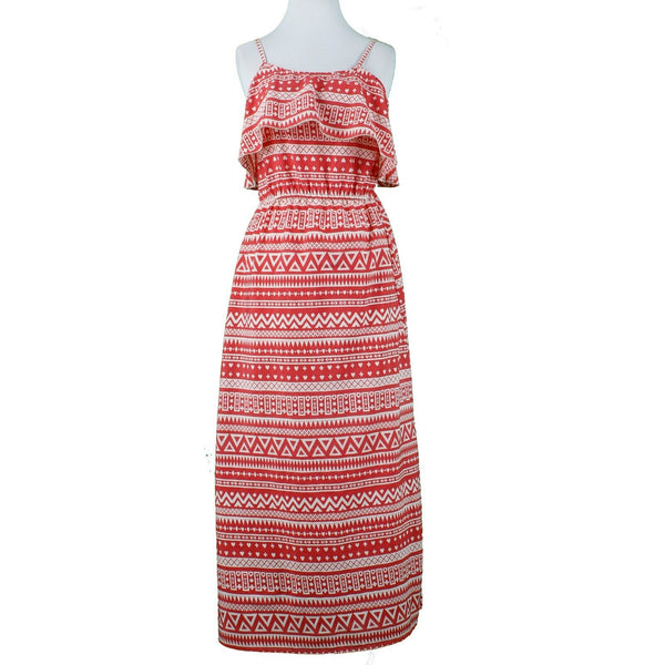 Indulge Sz M Red Beige Long Ruffle Neck Elastic Waist 16" Slit Poly Maxi Dress