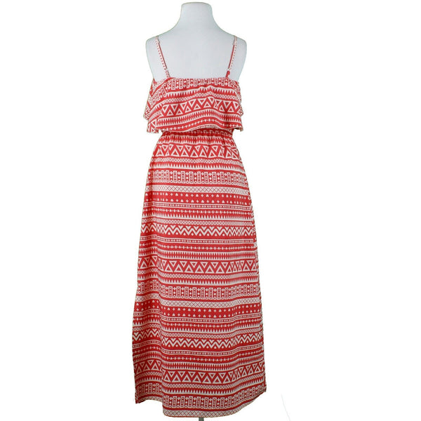 Indulge Sz M Red Beige Long Ruffle Neck Elastic Waist 16" Slit Poly Maxi Dress