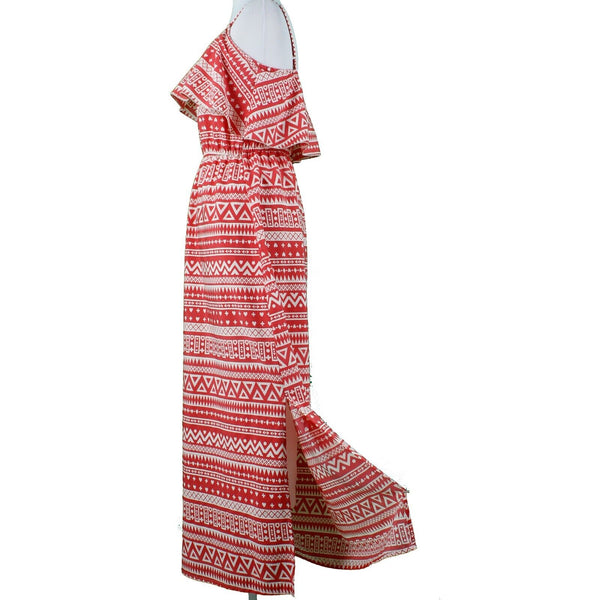 Indulge Sz M Red Beige Long Ruffle Neck Elastic Waist 16" Slit Poly Maxi Dress