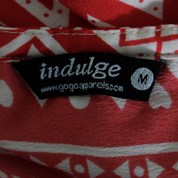 Indulge Sz M Red Beige Long Ruffle Neck Elastic Waist 16" Slit Poly Maxi Dress