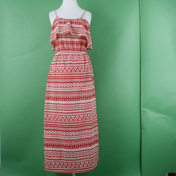 Indulge Sz M Red Beige Long Ruffle Neck Elastic Waist 16" Slit Poly Maxi Dress