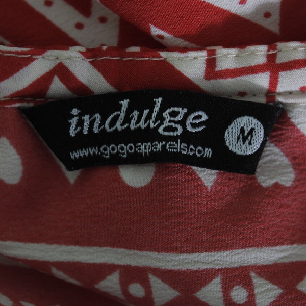 Indulge Sz M Red Beige Long Ruffle Neck Elastic Waist 16" Slit Poly Maxi Dress